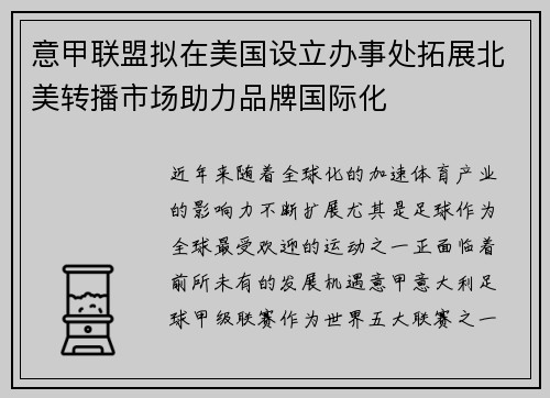 意甲联盟拟在美国设立办事处拓展北美转播市场助力品牌国际化 意甲联盟拟在美国设立办事处拓展北美转播市场助力品牌国际化